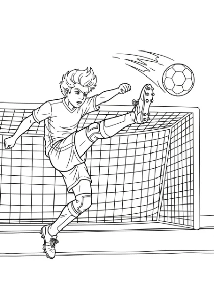 This fun coloring page features a young soccer player making a powerful kick towards the goal. Print it today and bring this exciting scene to life with your favorite colors!