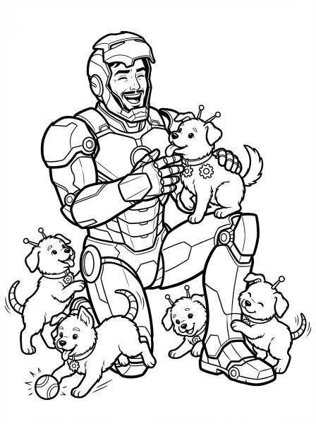 Print this fun Iron Man coloring page and bring to life Iron Man playing with a pack of cute, futuristic puppies. Perfect for Marvel fans of all ages!
