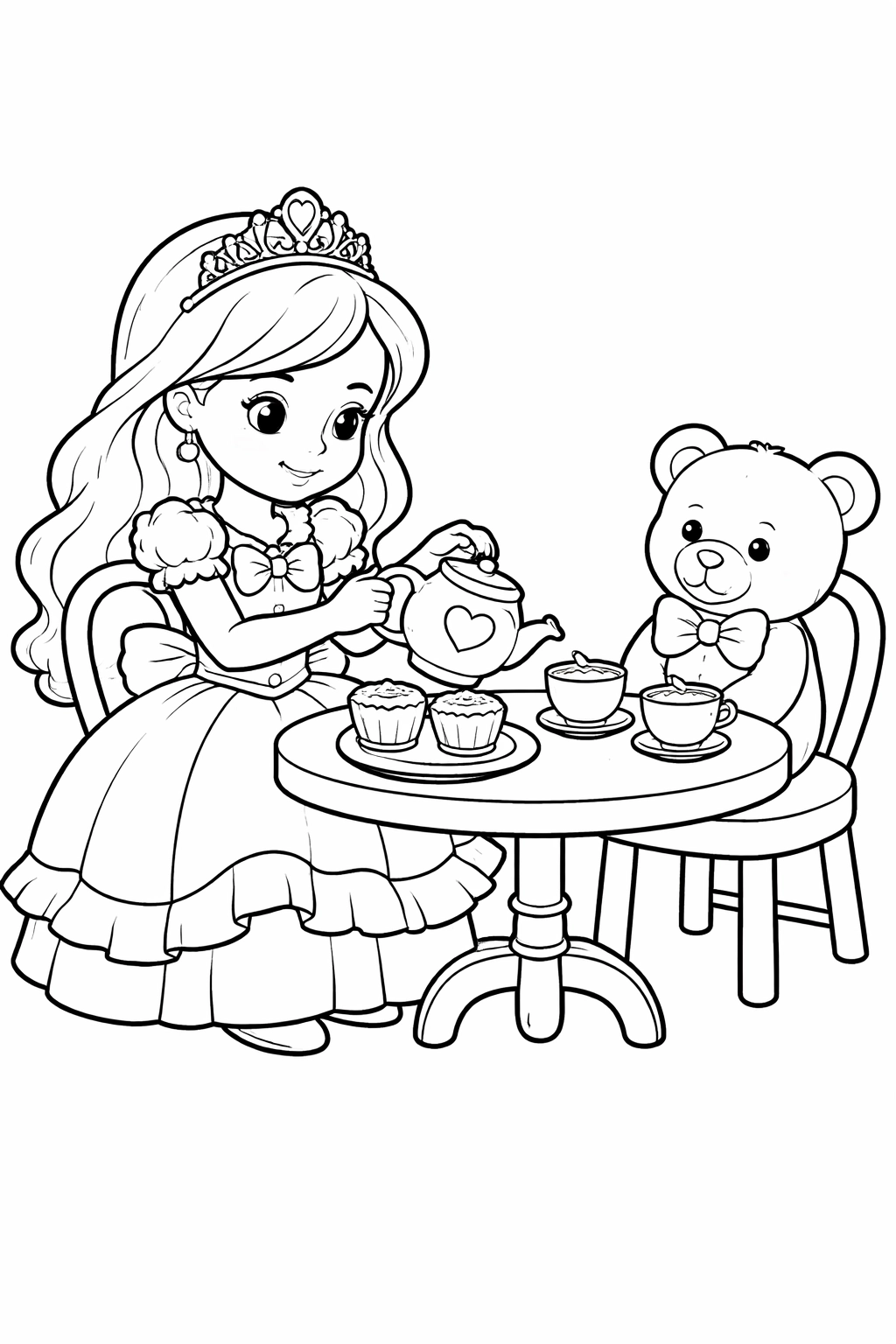 Print and color this Tea Party Princess coloring page, featuring a polite princess pouring tea for a cuddly teddy bear at a small round table. Perfect for kids and adults to enjoy a graceful, printable coloring activity.