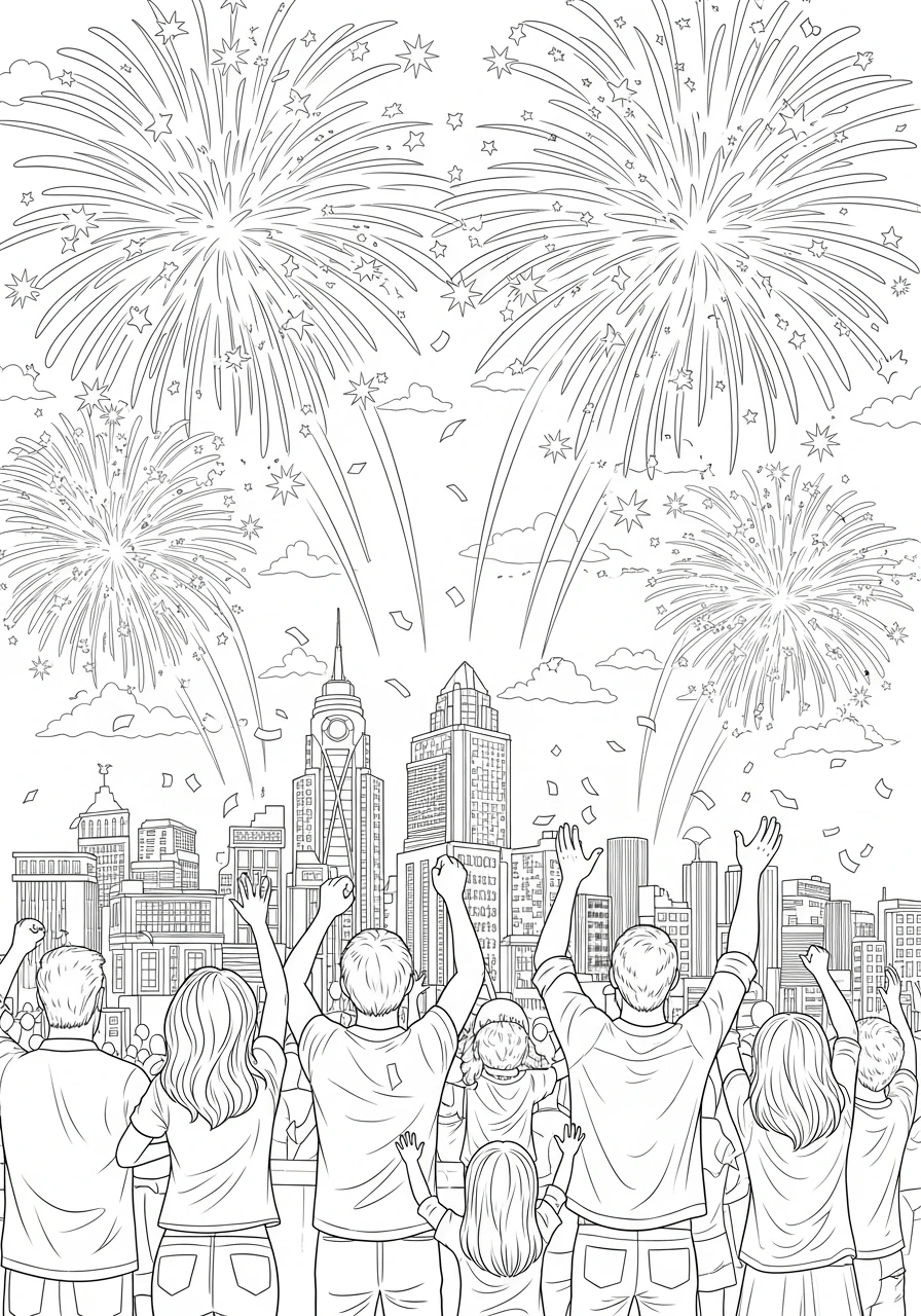 Ring in the New Year with a burst of color! This printable coloring page features spectacular fireworks over a festive city, perfect for kids to enjoy with crayons and markers alongside friends and family.