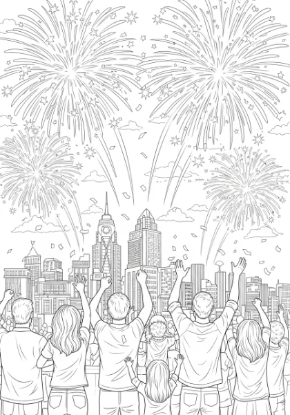 Ring in the New Year with a burst of color! This printable coloring page features spectacular fireworks over a festive city, perfect for kids to enjoy with crayons and markers alongside friends and family.