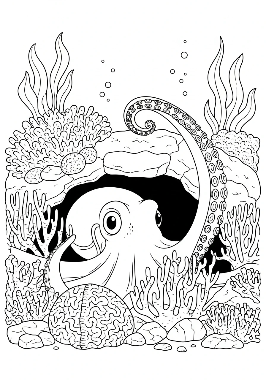 Enjoy coloring a cheerful octopus peeking out from its coral cave. This printable page is perfect for kids and adults to spark creativity!