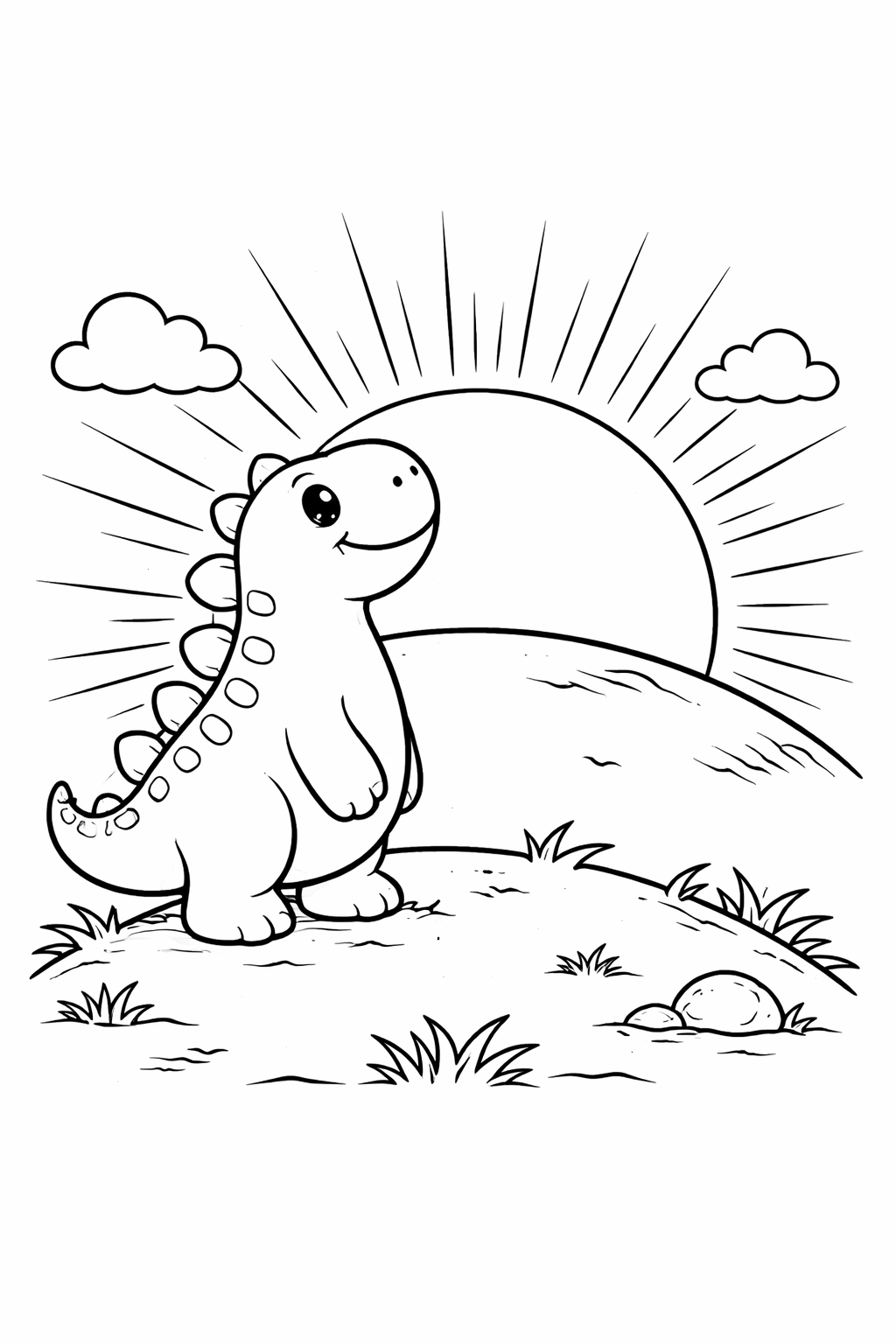 A charming, rounded dinosaur stands on a grassy hill under a bright sun. This printable coloring page is perfect for kids and adults to print, color, and enjoy.