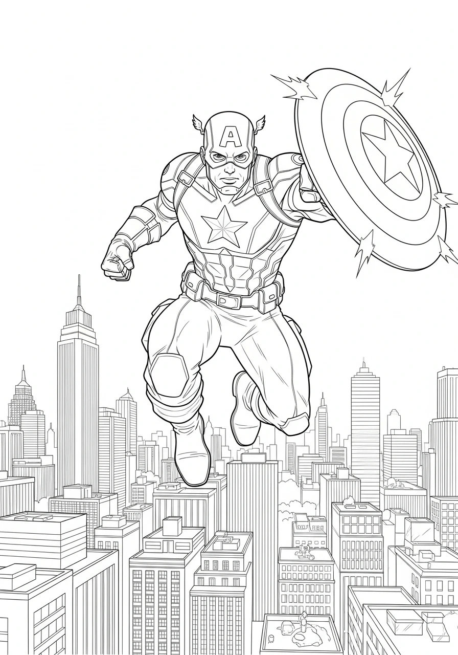 Bring the hero to life with colors! This printable coloring page features Captain America soaring over the city, shield in hand, ready for adventure. A thrilling scene for kids and adults to enjoy coloring.