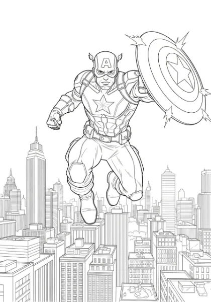 Bring the hero to life with colors! This printable coloring page features Captain America soaring over the city, shield in hand, ready for adventure. A thrilling scene for kids and adults to enjoy coloring.