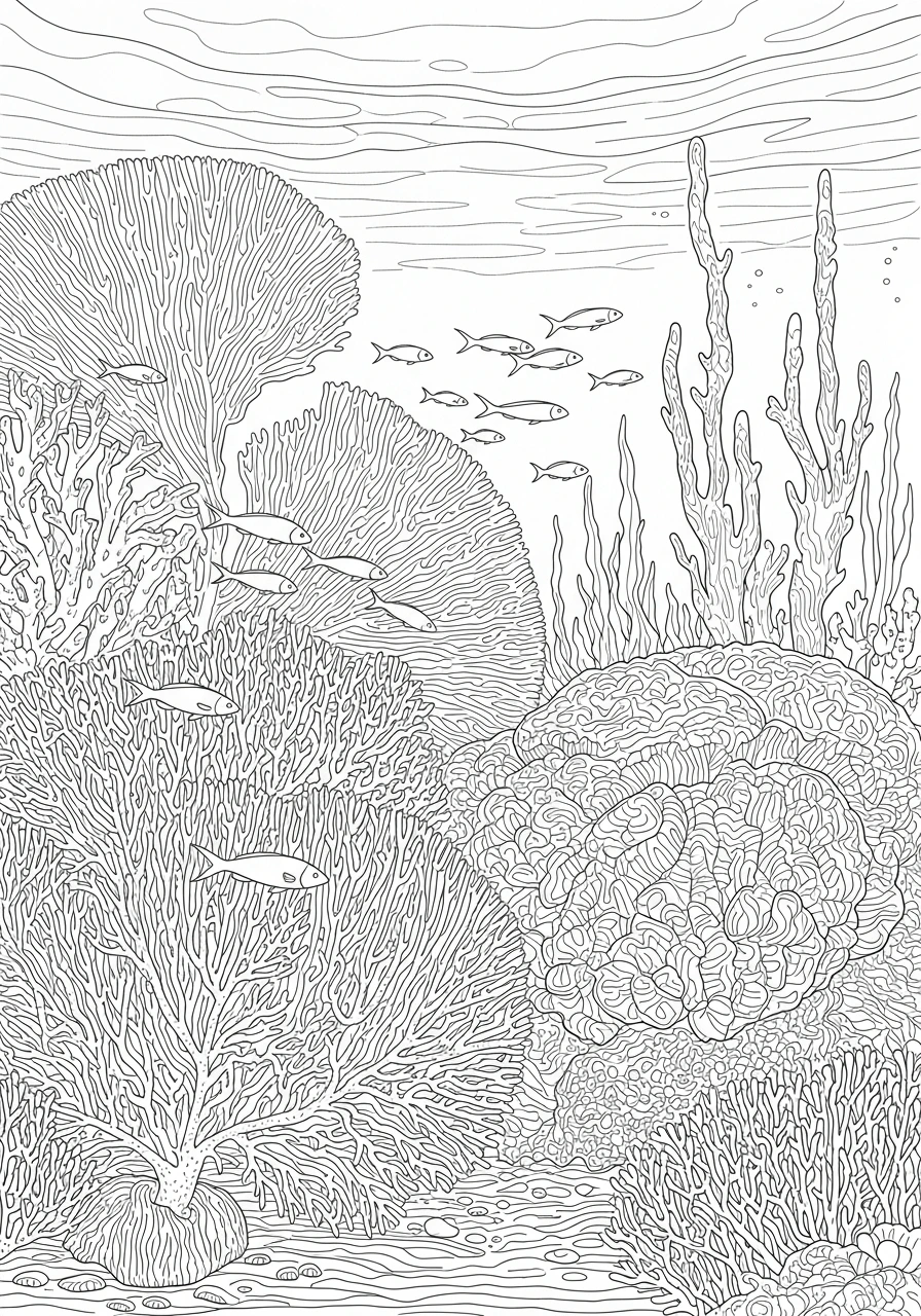 Dive into a magnificent underwater world with this printable coral garden coloring page! Discover intricate fan, brain, and branching corals, plus a school of darting fish waiting for your creative colors.