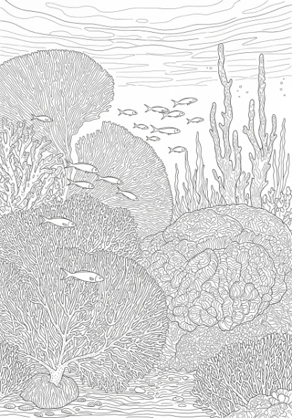Dive into a magnificent underwater world with this printable coral garden coloring page! Discover intricate fan, brain, and branching corals, plus a school of darting fish waiting for your creative colors.