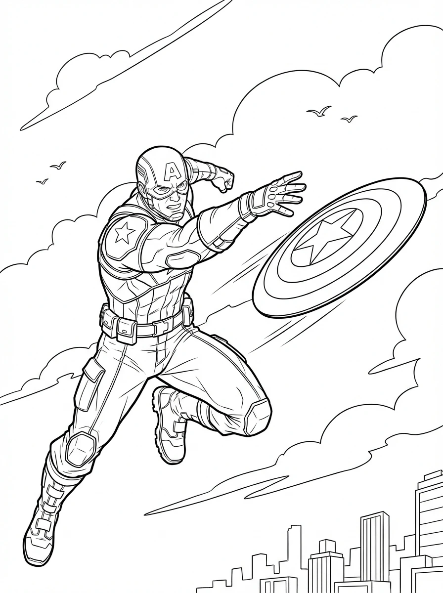 Color Captain America as he leaps into action, throwing his mighty shield with a determined look! Print this exciting page and bring your favorite Marvel hero to life.