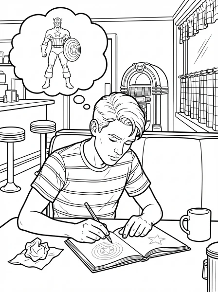 Color a young Steve Rogers as he sketches hero designs in an old diner, full of big dreams. Print this inspiring Captain America page and bring his journey to life!