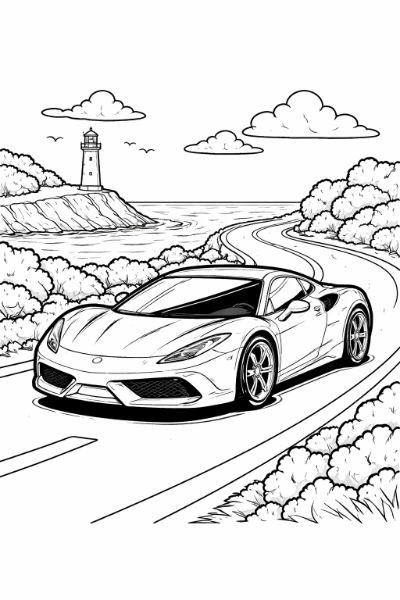 Print this stylish coloring page featuring a glossy red sports car on a quiet coastal road, with a distant lighthouse, clouds, and waves. It's perfect for kids and adults to print and color at home.