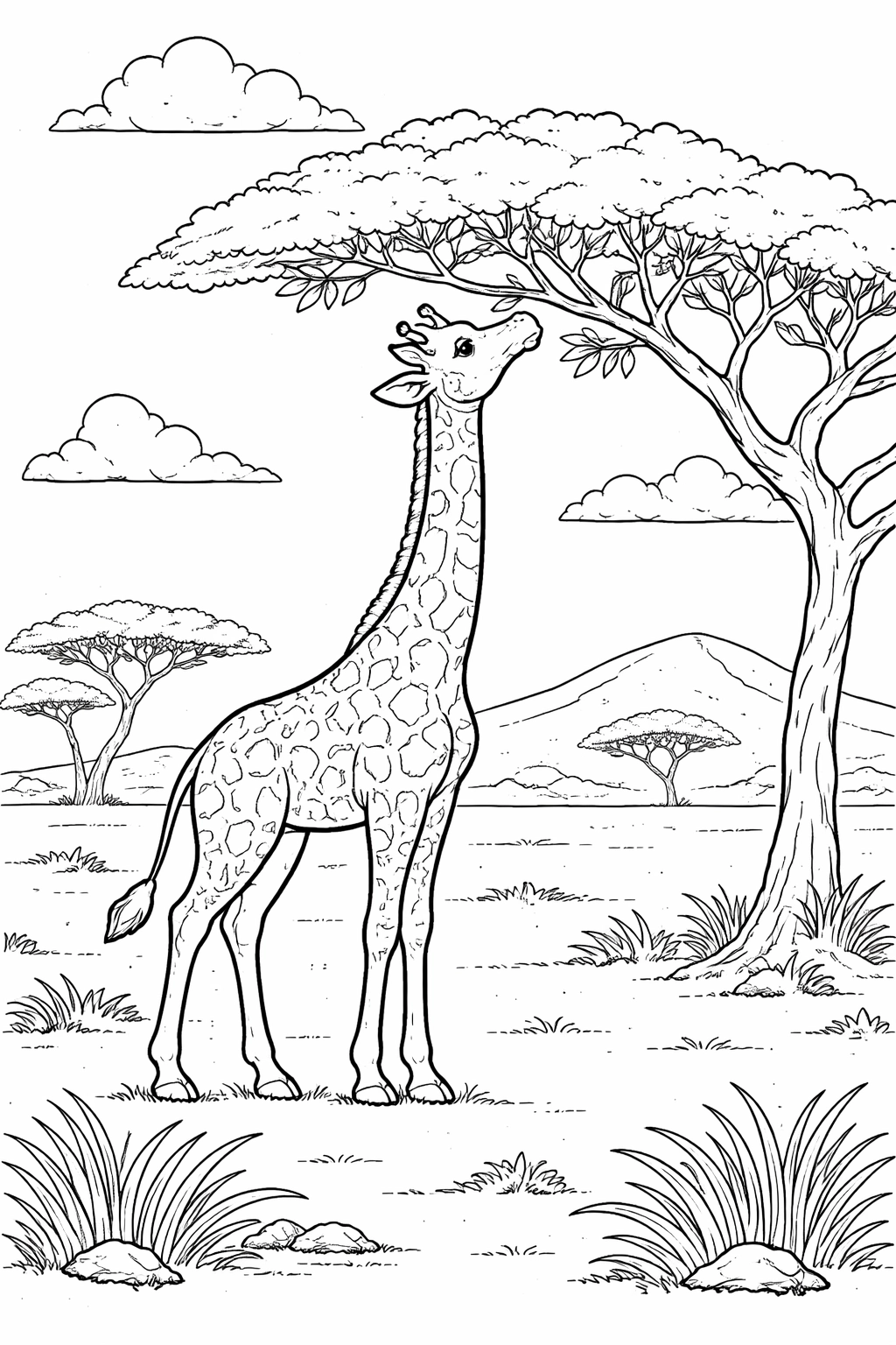 This printable coloring page features a centered giraffe in a sunlit savanna with simple bold outlines, inviting kids and adults to print, color, and relax.