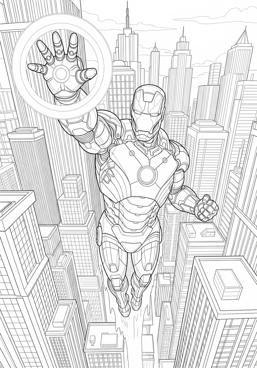 Get ready for an epic coloring adventure! Print this page and color Iron Man as he soars powerfully through city skyscrapers, his repulsor rays glowing brightly.