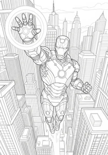 Get ready for an epic coloring adventure! Print this page and color Iron Man as he soars powerfully through city skyscrapers, his repulsor rays glowing brightly.