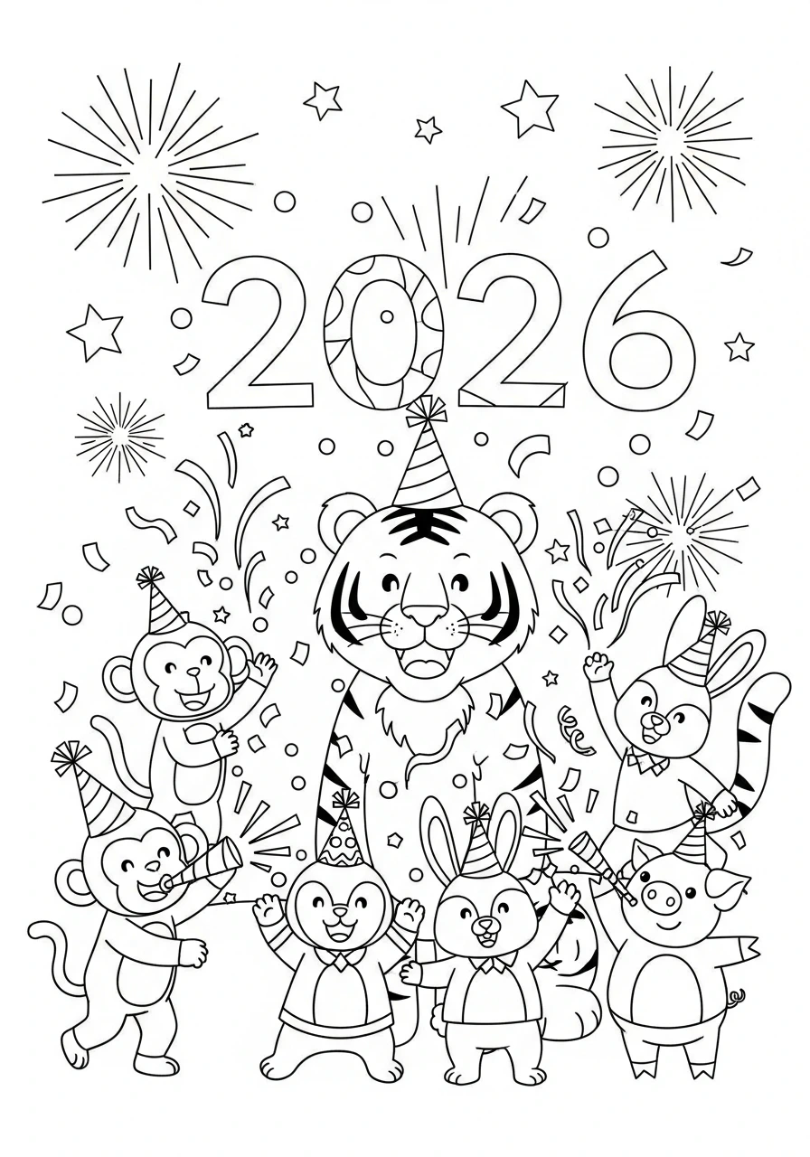 Get ready to celebrate 2026 with our fun New Year animal coloring page! Perfect for kids, just print and color your way to a joyful new year.