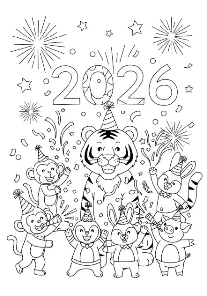 Get ready to celebrate 2026 with our fun New Year animal coloring page! Perfect for kids, just print and color your way to a joyful new year.