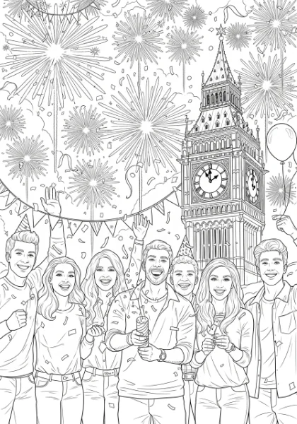 Get ready to color a vibrant New Year's Eve scene with friends, fireworks, and falling confetti! Print this exciting page and bring the midnight celebration to life with your favorite colors.