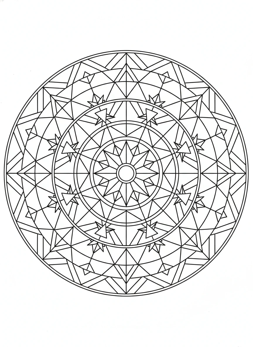 Discover an intricate and symmetrical geometric mandala coloring page featuring a complex radial pattern. This design is constructed from precise straight lines, sharp angles, interlocking polygons (triangles, squares, hexagons, octagons), and perfect circles, all rendered with crisp, fine black outlines on a pure white background, ready for detailed coloring.