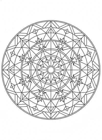 Discover an intricate and symmetrical geometric mandala coloring page featuring a complex radial pattern. This design is constructed from precise straight lines, sharp angles, interlocking polygons (triangles, squares, hexagons, octagons), and perfect circles, all rendered with crisp, fine black outlines on a pure white background, ready for detailed coloring.