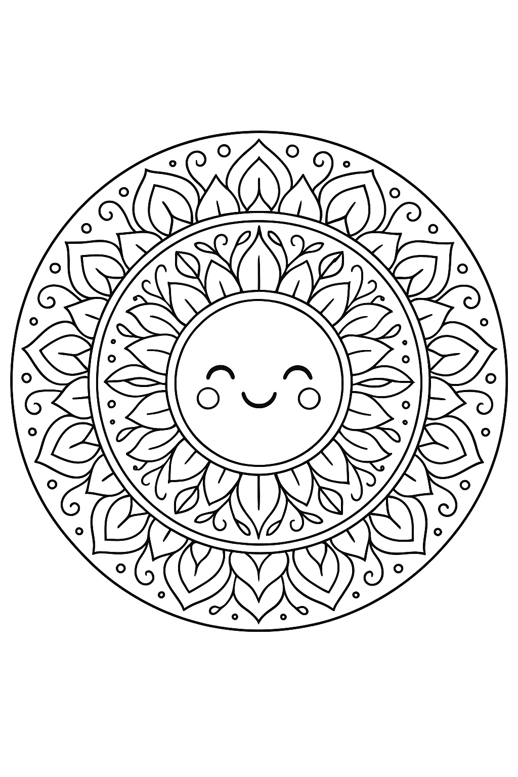 Print this friendly smiling sun mandala and color its concentric rings of lotus petals, curling vine leaves, and star-bud motifs. Designed for kids and adults, this printable coloring page offers a relaxing, creative activity for all ages.