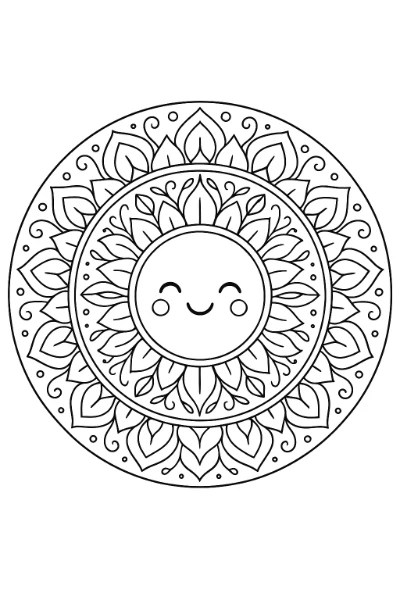 Print this friendly smiling sun mandala and color its concentric rings of lotus petals, curling vine leaves, and star-bud motifs. Designed for kids and adults, this printable coloring page offers a relaxing, creative activity for all ages.