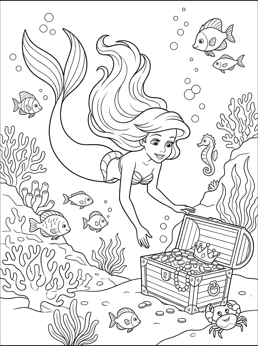 Dive into a magical underwater adventure with Ariel as she discovers a hidden treasure chest! Print and color this enchanting Disney Princess page for hours of creative fun.
