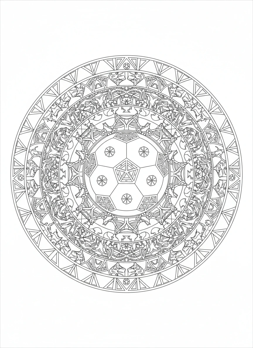 Discover a highly intricate and symmetrical soccer mandala coloring page, perfect for detailed coloring. This unique design features a classic soccer ball at its core, radiating outwards into concentric rings filled with stylized soccer cleats, dynamic player silhouettes, goal net tessellations, and subtle stadium architecture motifs. Ideal for enthusiasts of sports and mandala art.