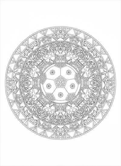 Discover a highly intricate and symmetrical soccer mandala coloring page, perfect for detailed coloring. This unique design features a classic soccer ball at its core, radiating outwards into concentric rings filled with stylized soccer cleats, dynamic player silhouettes, goal net tessellations, and subtle stadium architecture motifs. Ideal for enthusiasts of sports and mandala art.