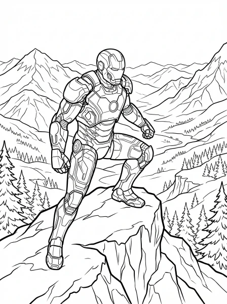 Print and color a powerful Iron Man standing guard on a snowy mountain peak. A fun and engaging activity for all ages!