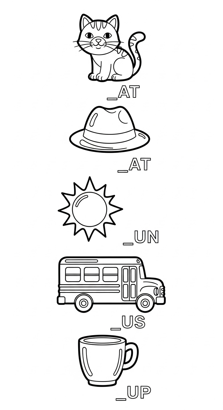 This printable coloring page combines learning and fun, featuring simple objects like a cat, hat, sun, bus, and cup. Fill in the missing letters to complete the words, then color each picture!