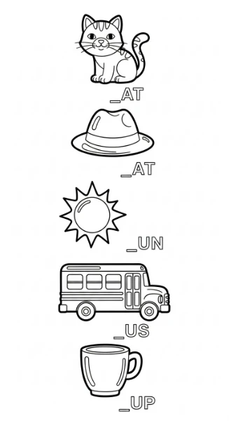 This printable coloring page combines learning and fun, featuring simple objects like a cat, hat, sun, bus, and cup. Fill in the missing letters to complete the words, then color each picture!