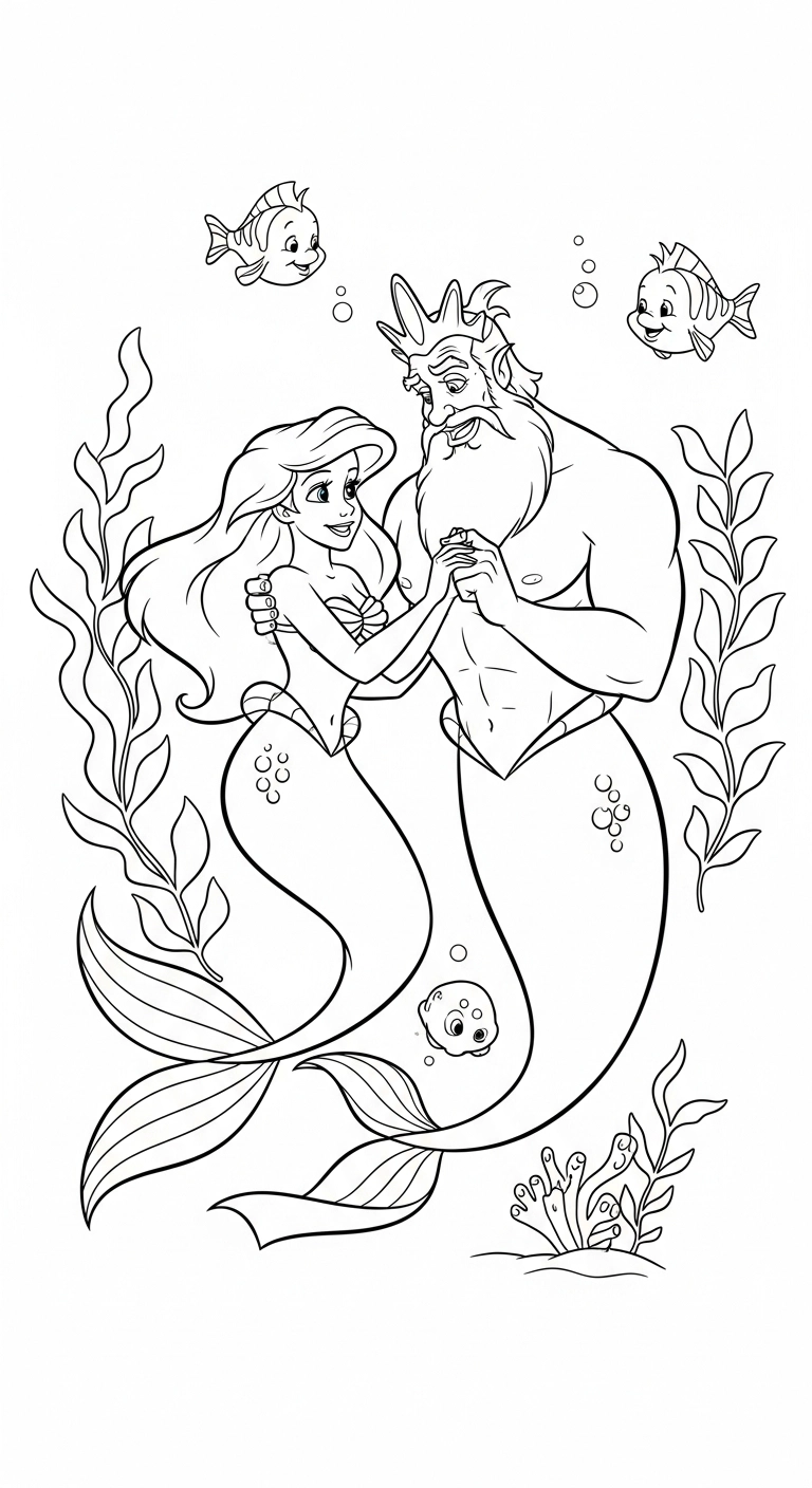 Bring the magic of the sea to life with this printable coloring page featuring Ariel and her father, King Triton! Kids will love coloring this special moment from their favorite mermaid story.
