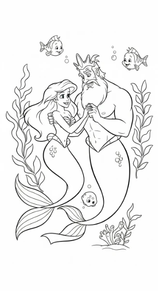 Bring the magic of the sea to life with this printable coloring page featuring Ariel and her father, King Triton! Kids will love coloring this special moment from their favorite mermaid story.