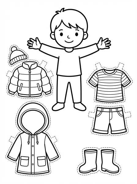 Spark creativity with this fun printable paper doll template! Color your friendly doll and its winter, summer, and rainy day outfits, then cut them out for hours of imaginative dress-up play.