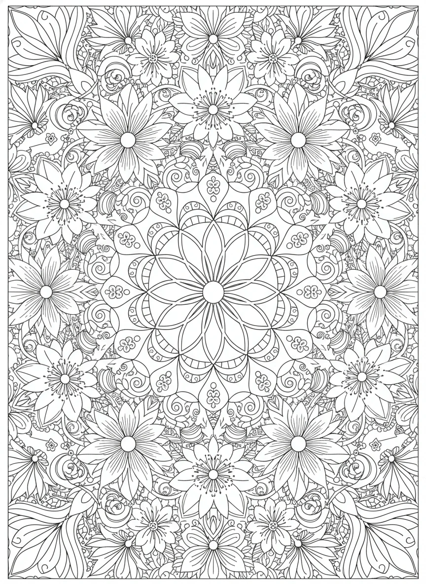 Unwind with our intricate floral mandala coloring page, perfect for adults seeking mindful relaxation and stress relief. This highly detailed and symmetrical design showcases a harmonious arrangement of blooming lotuses, roses, daisies, delicate leaves, and swirling vines, all radiating from a central point. Featuring crisp, clean black outlines on a white background and Zentangle-inspired complexity, this high-contrast, no-shading artwork is ready for print and promises hours of meditative coloring.