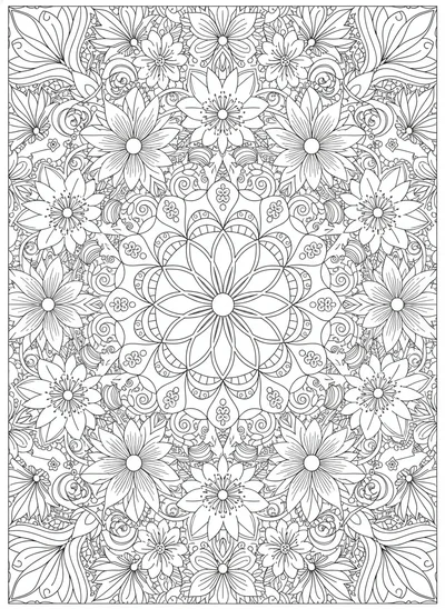 Unwind with our intricate floral mandala coloring page, perfect for adults seeking mindful relaxation and stress relief. This highly detailed and symmetrical design showcases a harmonious arrangement of blooming lotuses, roses, daisies, delicate leaves, and swirling vines, all radiating from a central point. Featuring crisp, clean black outlines on a white background and Zentangle-inspired complexity, this high-contrast, no-shading artwork is ready for print and promises hours of meditative coloring.