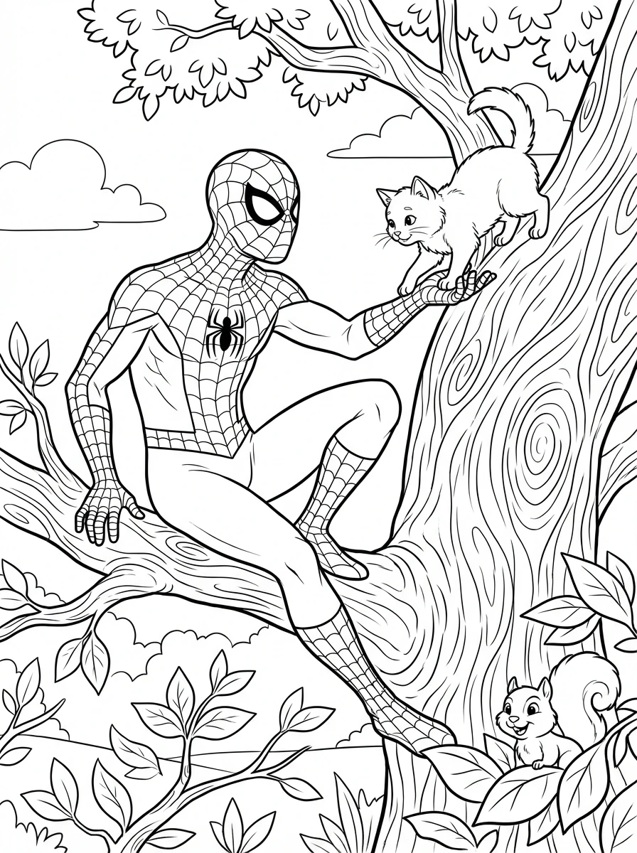 Print out this fun Spider-Man coloring page and help the friendly neighborhood hero rescue a cat from a tall tree! Perfect for fans of all ages.