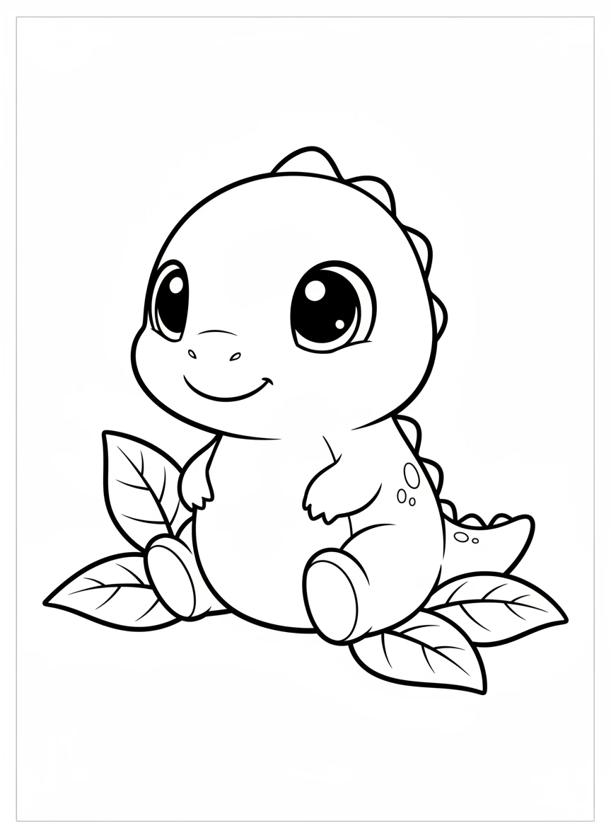 Discover this adorable, round baby dinosaur coloring page, featuring huge, sparkling eyes and a sweet smile. With thick outlines and a plain white background, it's designed to be super easy to color for toddlers and young children, making it a perfect printable activity for any dinosaur fan.