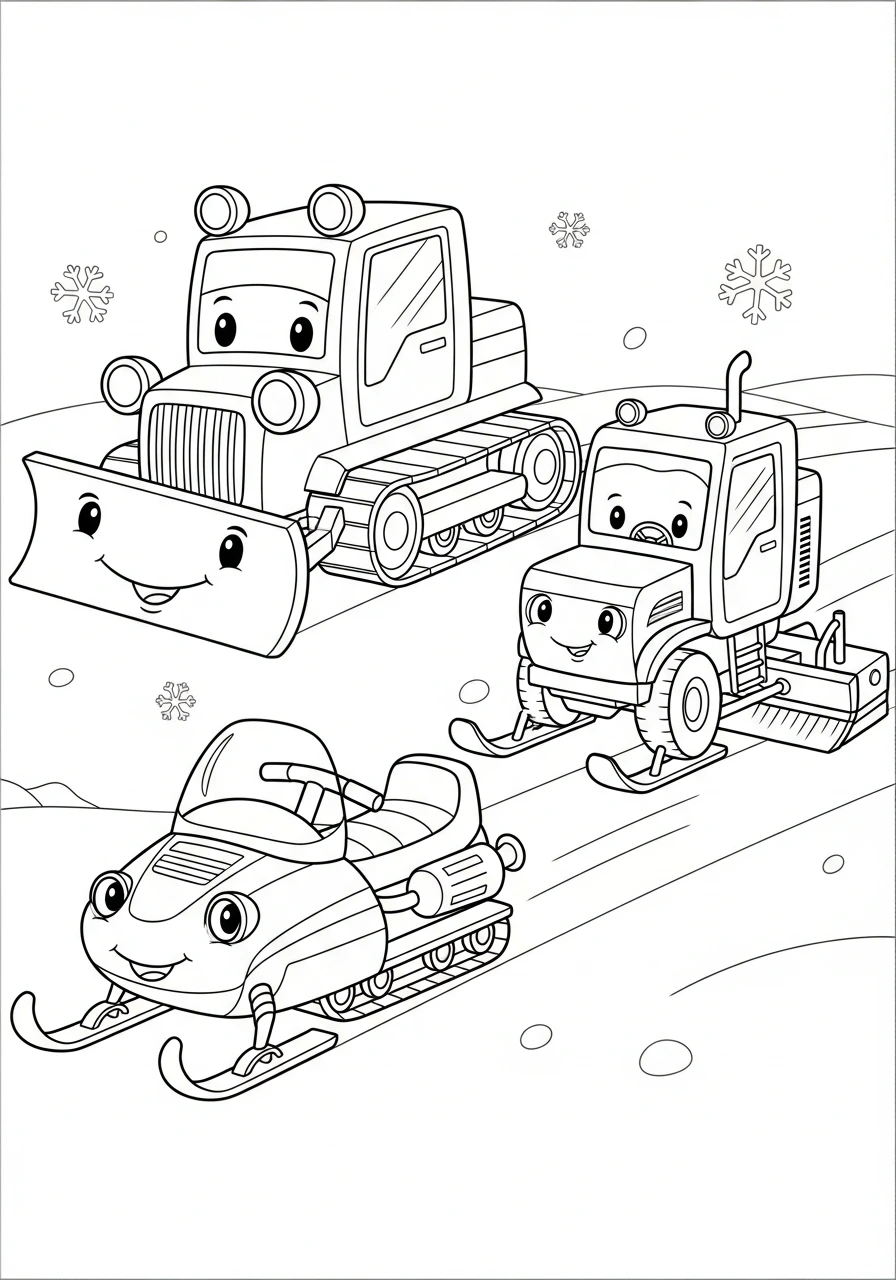 Explore the world of winter machines with this fun coloring page! Perfect for kids, simply print and color exciting vehicles like snow plows and snowmobiles.