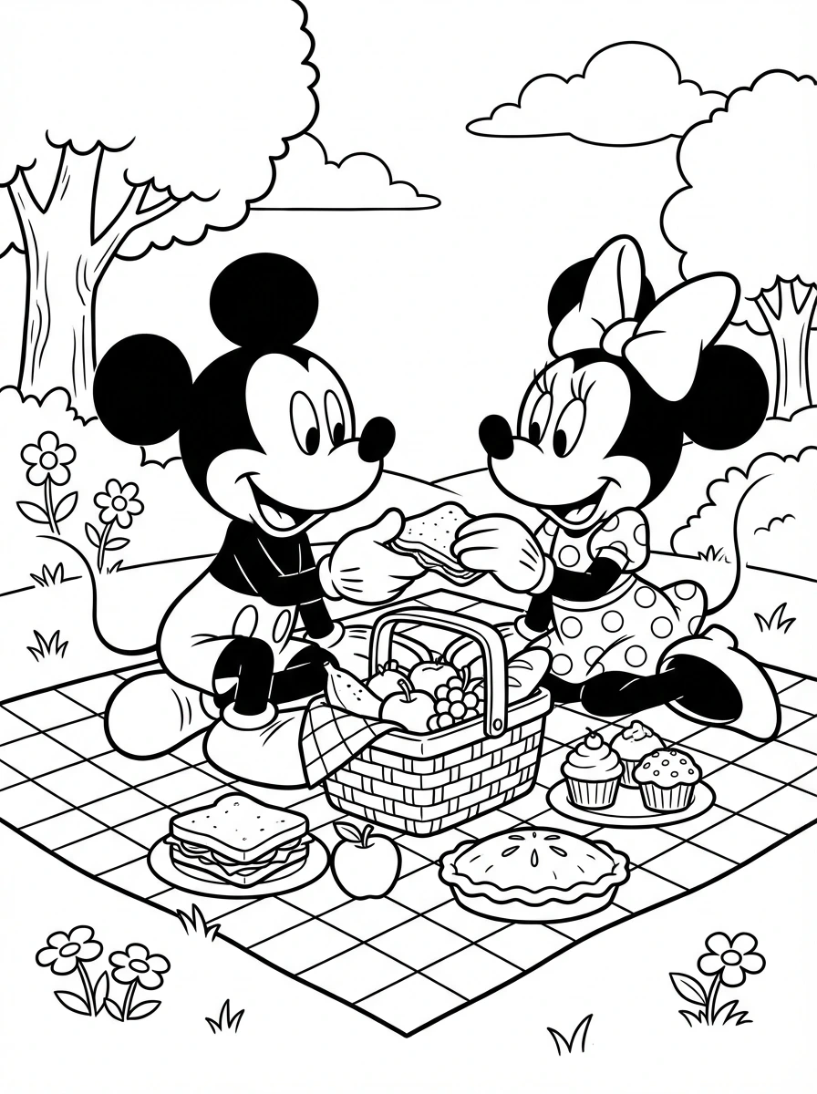 Bring the magic of Disney to life! Color Mickey and Minnie Mouse as they enjoy a delightful picnic in the park. This printable coloring page is perfect for all ages.