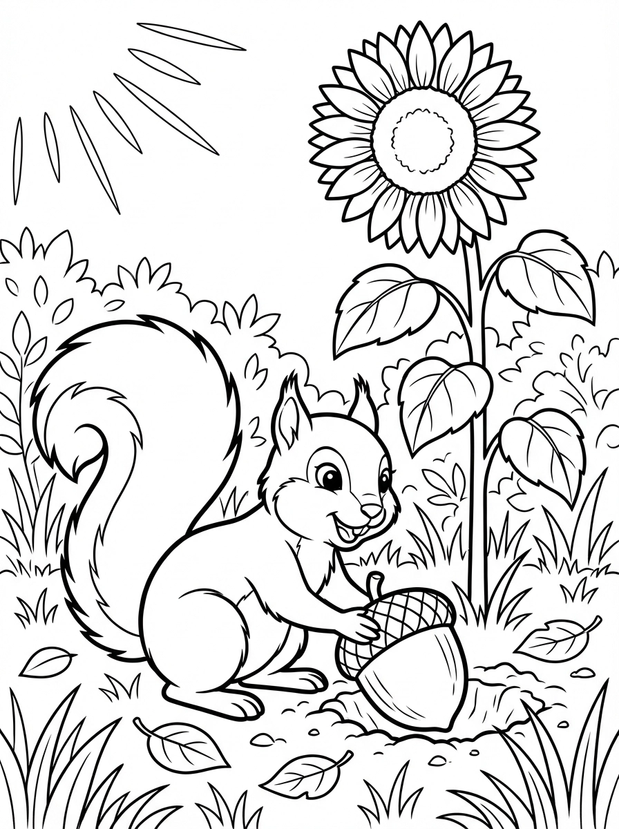 Join a happy squirrel on a garden adventure! Print and color this charming page featuring a cheerful squirrel burying an acorn under a big, sunny sunflower.