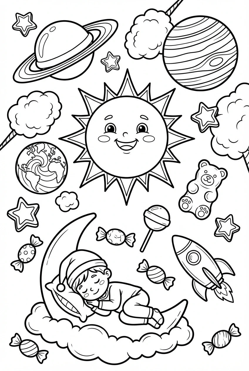 Blast off on an adventure with this fun printable coloring page! Color your own delicious solar system where planets are made of candy and the sun smiles brightly. Perfect for all ages!