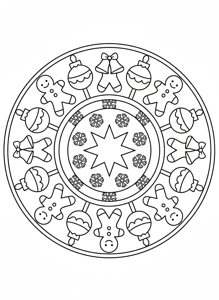 A delightful black and white outline Christmas mandala coloring page designed for young children, featuring symmetrical, intricate repeating patterns composed of large, simple festive shapes like snowflakes, stars, candy canes, gingerbread, ornaments, and bells. This page boasts bold, thick lines and generous, clearly defined spaces for easy and fun coloring.