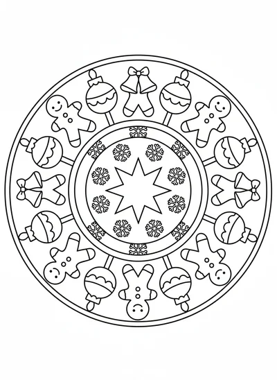 A delightful black and white outline Christmas mandala coloring page designed for young children, featuring symmetrical, intricate repeating patterns composed of large, simple festive shapes like snowflakes, stars, candy canes, gingerbread, ornaments, and bells. This page boasts bold, thick lines and generous, clearly defined spaces for easy and fun coloring.