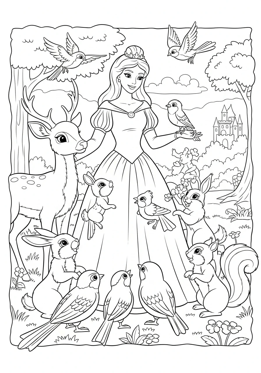 Download and color this enchanting page featuring a lovely princess surrounded by her adorable animal friends! Perfect for a magical coloring adventure at home.