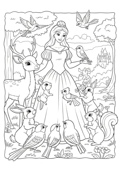 Download and color this enchanting page featuring a lovely princess surrounded by her adorable animal friends! Perfect for a magical coloring adventure at home.