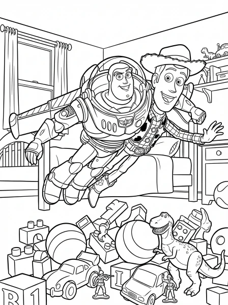 Blast off with Buzz Lightyear and Woody as they soar through Andy's room on an exciting adventure! Print this fun Disney Pixar coloring page and bring these beloved Toy Story heroes to life with your favorite colors.