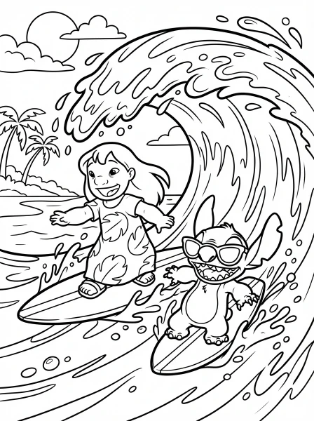 Join Lilo and Stitch on an epic surfing adventure with this fun printable coloring page! Grab your crayons and add vibrant colors to their playful ride on a giant ocean wave.