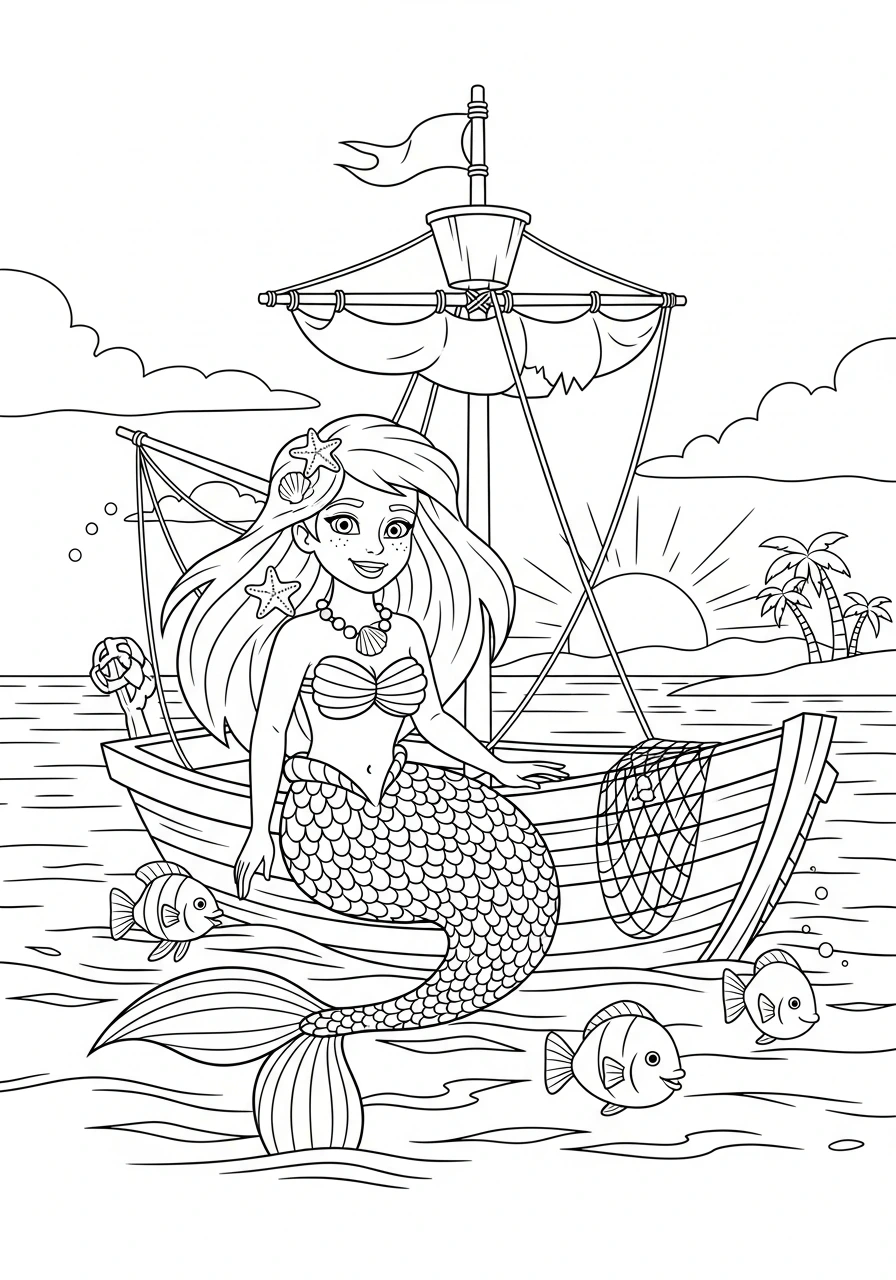 Dive into a colorful adventure with this printable coloring page featuring a friendly cartoon mermaid next to a fishing boat. A delightful scene perfect for kids and adults to color and bring to life!