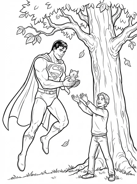 Join Superman as he gently saves a cute kitten in this heartwarming printable coloring page! Grab your colors and bring this heroic scene to life for kids and adults.