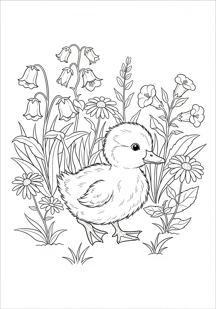 Get ready to color a fluffy duckling waddling through a beautiful field of colorful wildflowers! This printable coloring page is perfect for kids and adults who adore baby animals and nature scenes.
